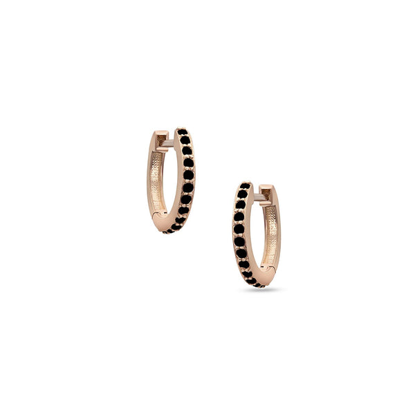 must-have diamond-lined hinged huggie hoop earrings, in black diamonds and 18k rose gold <span class='visuallyhidden'>Call, text 323-404-2959 for shopping help.</span>